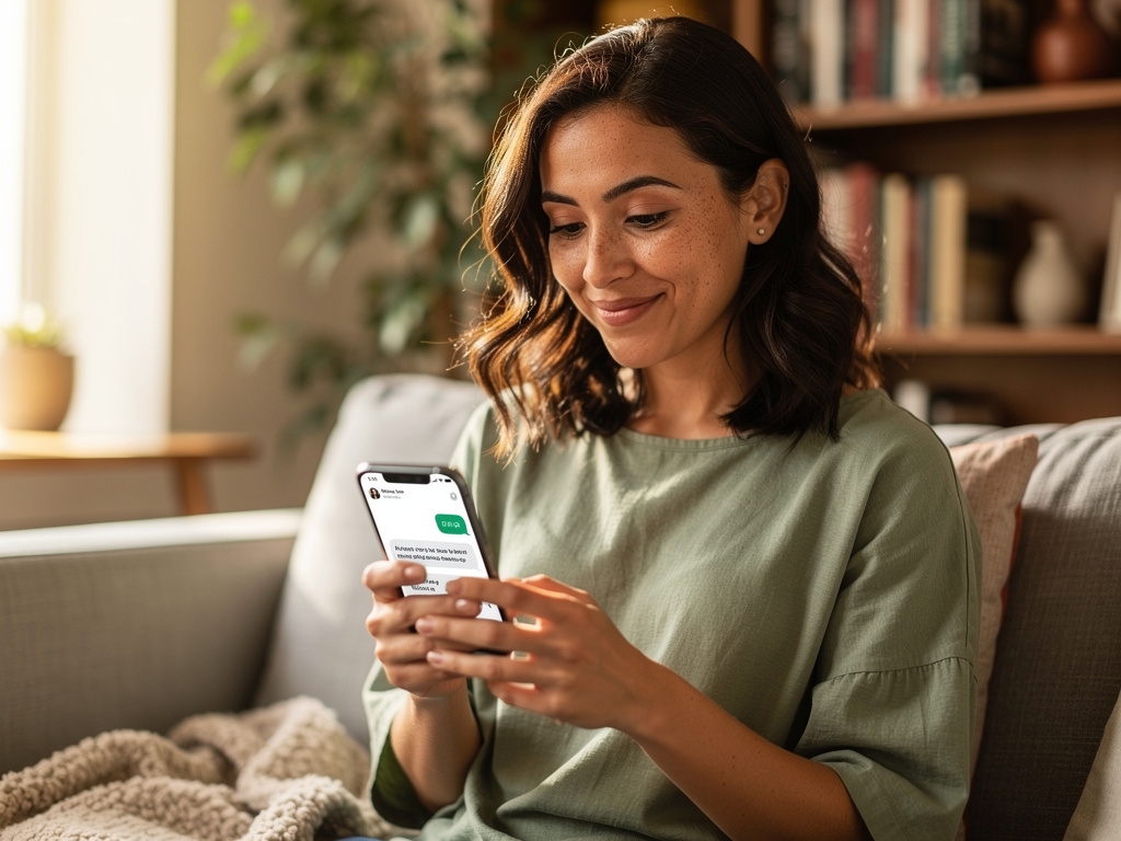 Personne utilisant un assistant IA sur smartphone dans un cadre domestique moderne