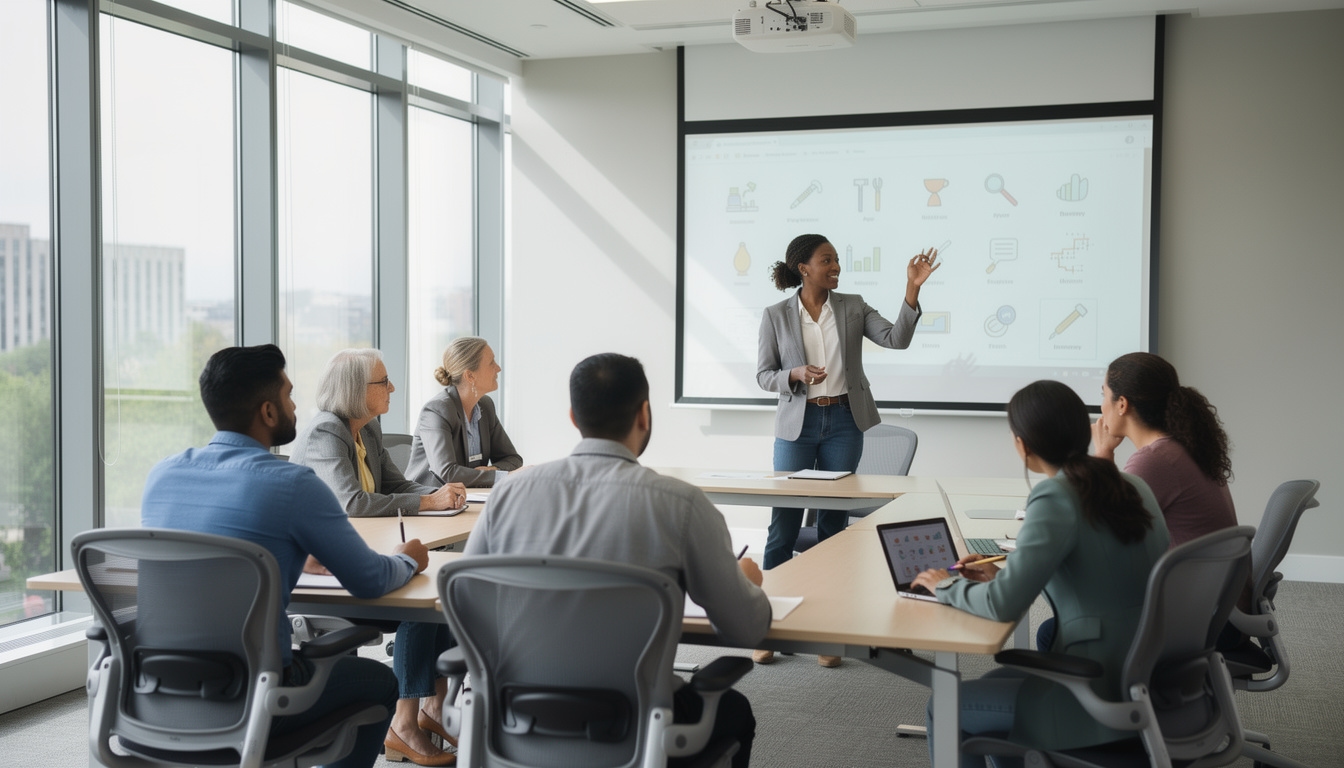 Groupe de personnes apprenant à utiliser des outils numériques dans une salle de formation moderne