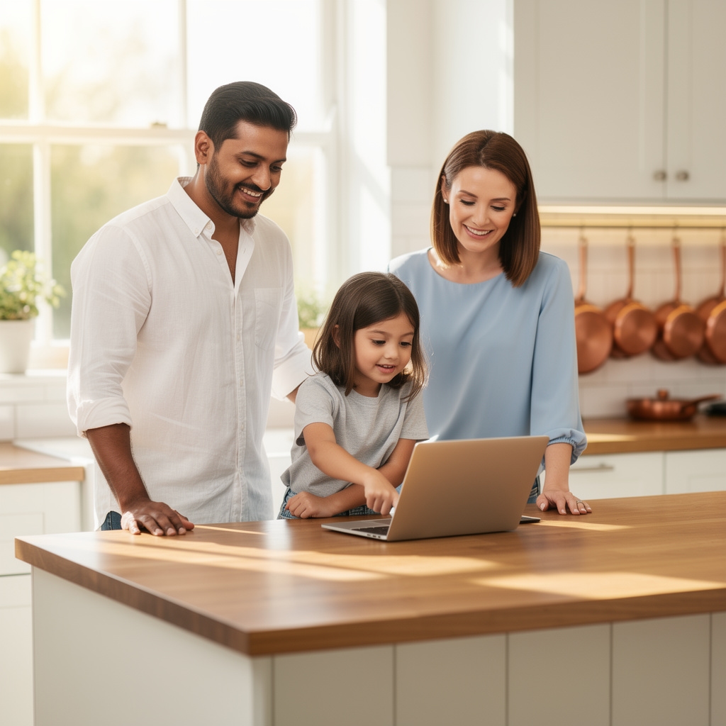 Famille avec deux parents et un enfant regardant ensemble un écran d'ordinateur dans une cuisine lumineuse