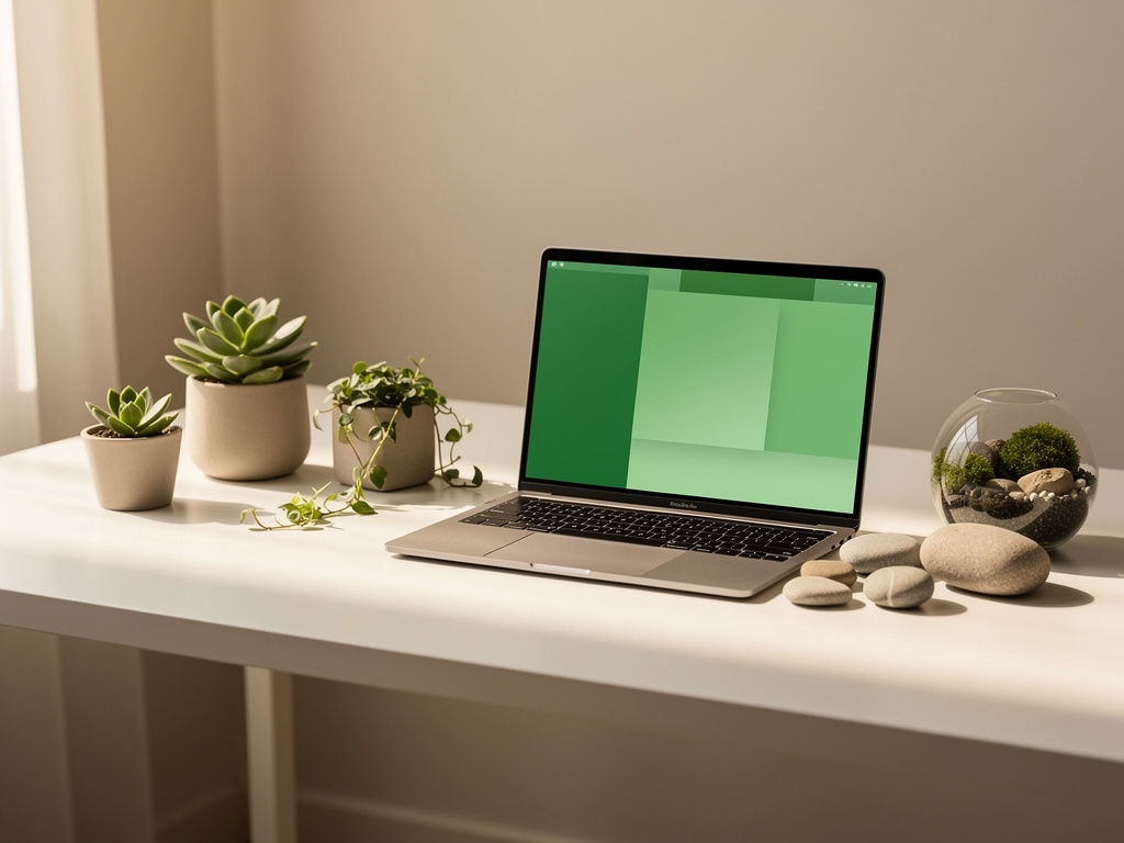 Illustration d'un bureau avec des plantes vertes et des appareils numériques symbolisant le numérique responsable