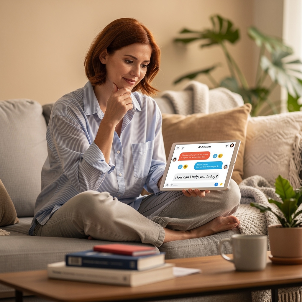 Femme d'une trentaine d'années utilisant une application IA sur une tablette dans son salon