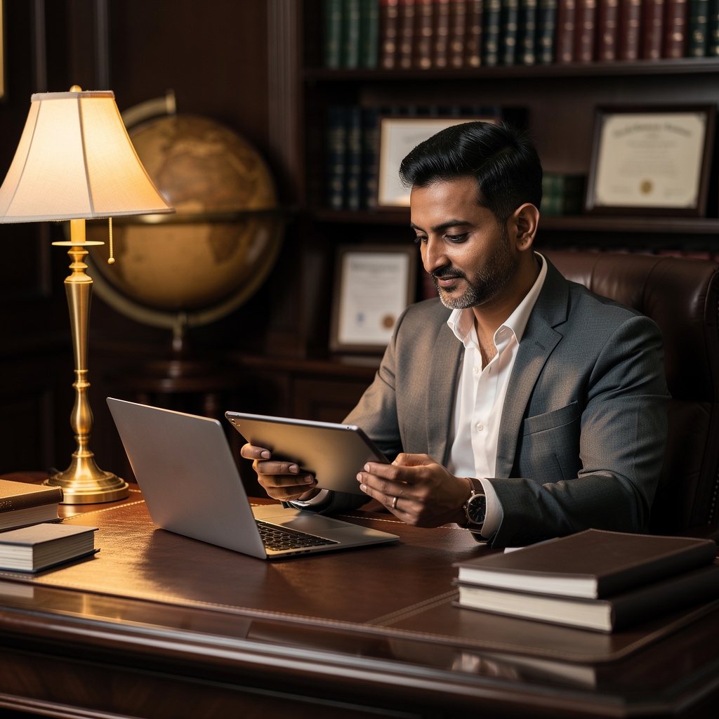 Homme professionnel dans la quarantaine utilisant des outils numériques sur un bureau en bois dans un bureau classique