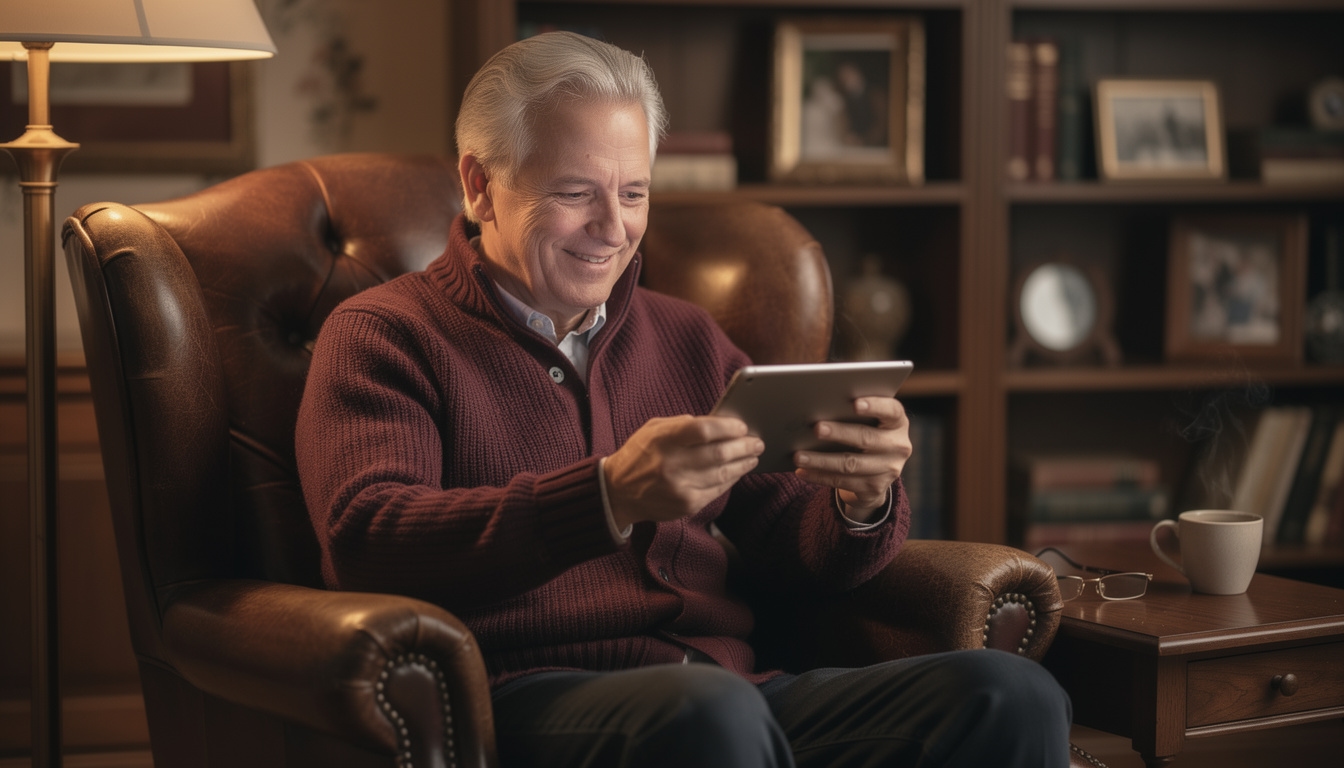 Homme senior d'environ 65 ans souriant en utilisant une tablette tactile dans un salon confortable