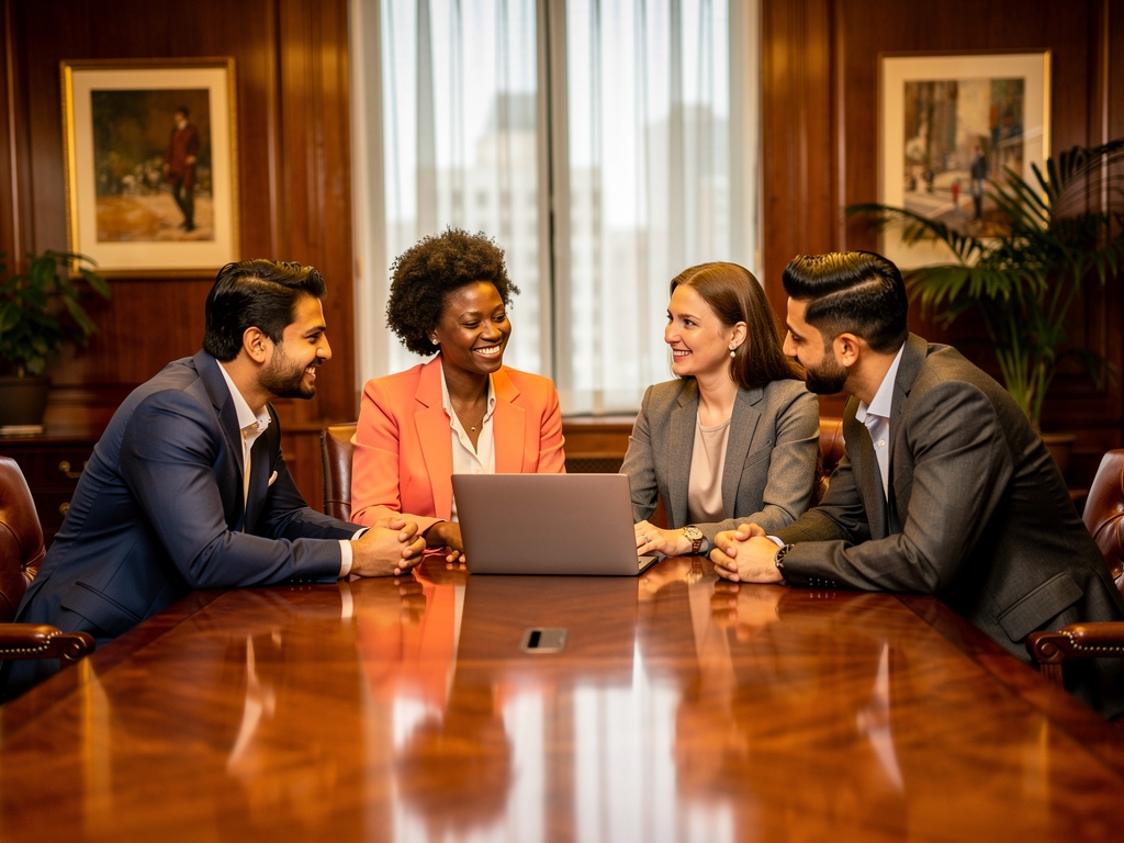 Équipe multiculturelle travaillant ensemble dans un bureau professionnel avec du bois et du cuir